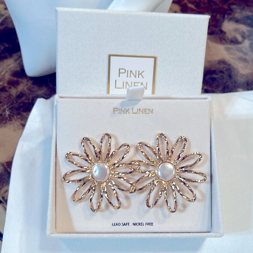 Gift Boxed-Large Gold Daisy Earrings w/Pearl Center by Pink Linen